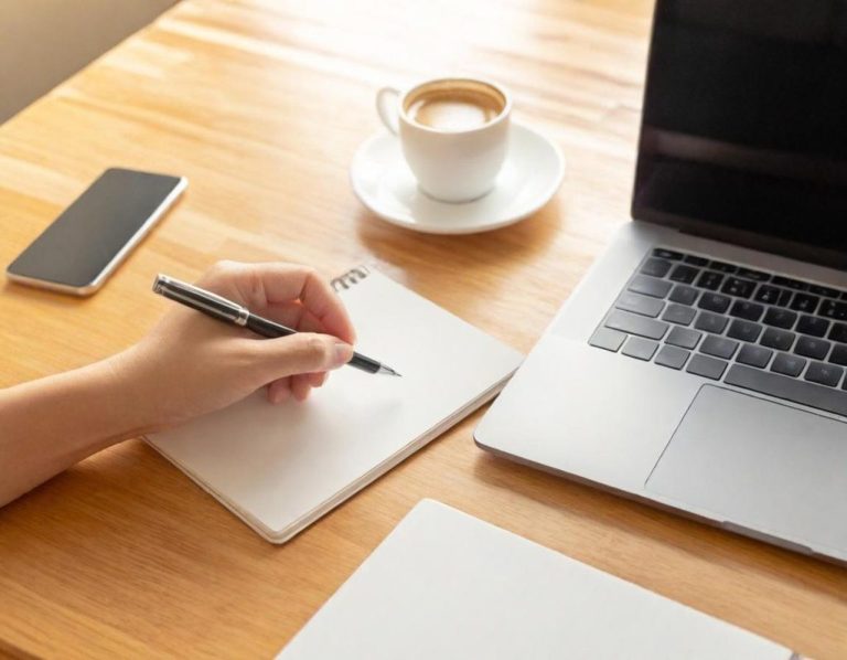 Buchhaltung Eine Hand schreibt auf ein Notizblatt neben einer Tasse Kaffee und einem Laptop.