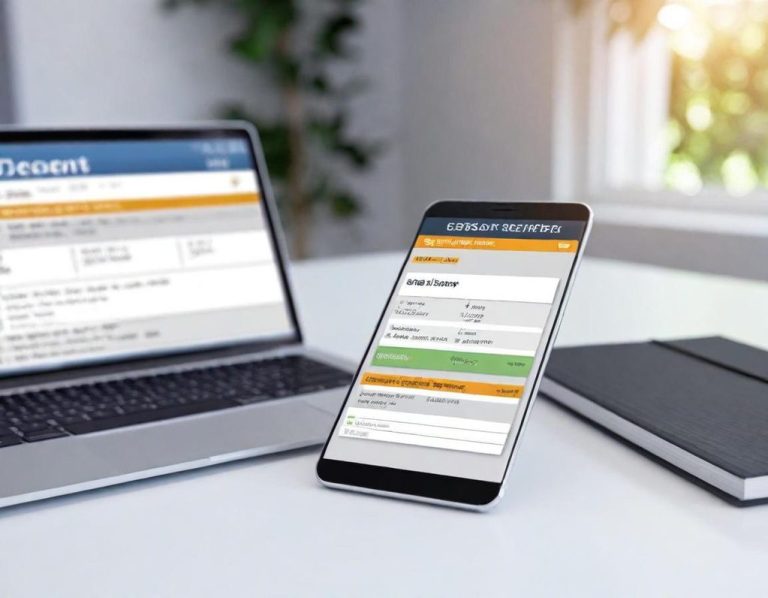 Buchhaltung Laptop und Smartphone zeigen dieselbe Benutzeroberfläche einer Softwareanwendung.