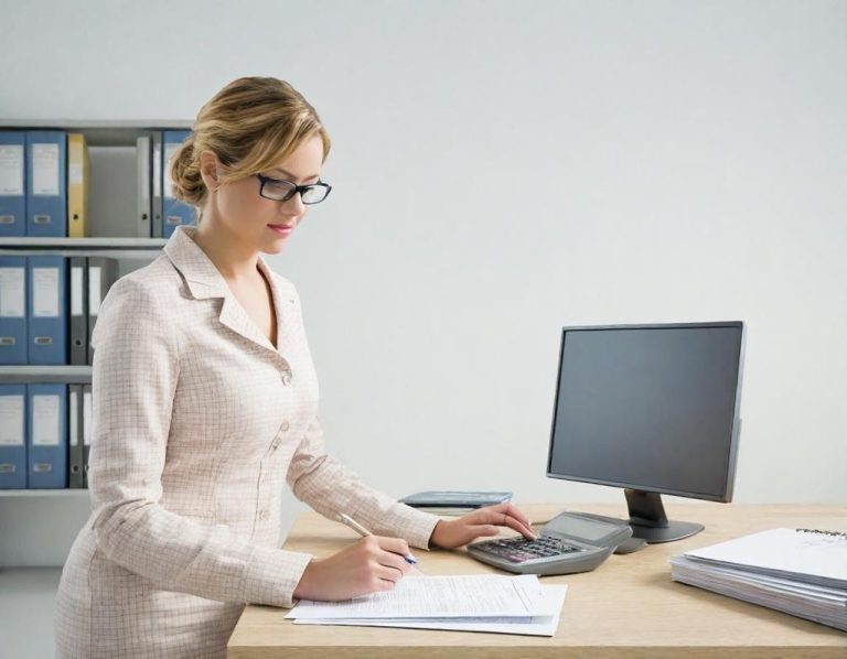 Buchhaltung Frau mit Brille steht am Schreibtisch und arbeitet am Computer.
